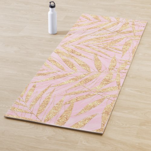 Elegant Gold Tropical Palm Leaves Pink Design Yoga Mat