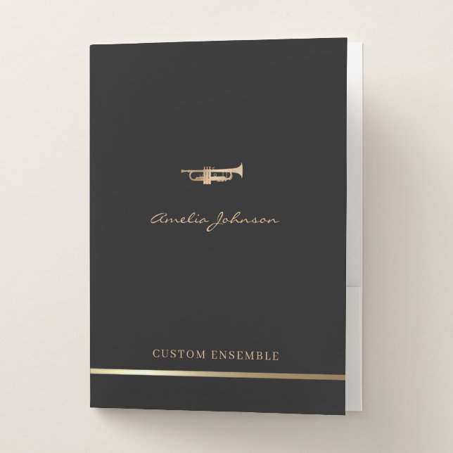 Elegant Gold Trumpet Musician Teacher Modern Black Pocket Folder (Front)