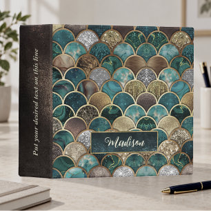 Elegant gold turquoise green girly mermaid scales 3 ring binder