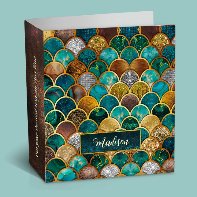 Elegant gold turquoise green girly mermaid scales  3 ring binder (Creator Uploaded)