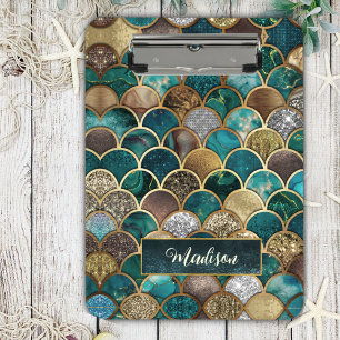 Elegant gold turquoise green girly mermaid scales  clipboard