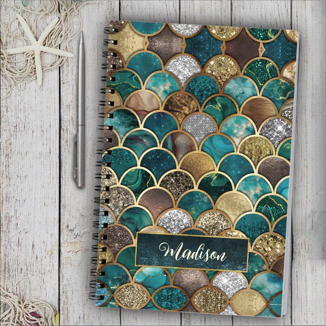 Elegant gold turquoise green girly mermaid scales  notebook (Creator Uploaded)