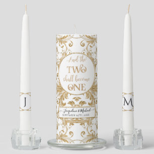 Elegant Gold Two Become One Names Initials Wedding Unity Candle Set