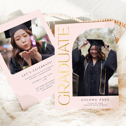 Elegant Gold Type Arch Blush Pink Graduation Photo Announcement