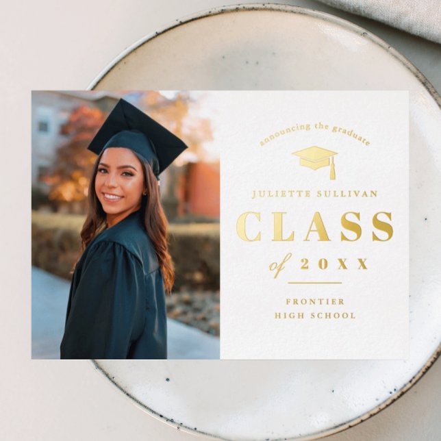 Elegant Gold Type Photo Graduation  Foil Invitation (Elegant Gold Foil Photo Graduation Announcement Invitations.)