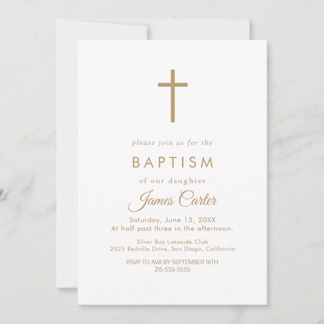 Elegant Gold Typography Cross Baptism Invitation (Front)