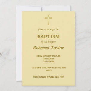 Elegant Gold Typography Cross Baptism on Beige Invitation