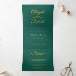 Elegant gold typography evergreen photo wedding Tri-Fold invitation