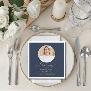 Elegant Gold Typography Photo Modern Blue Napkins