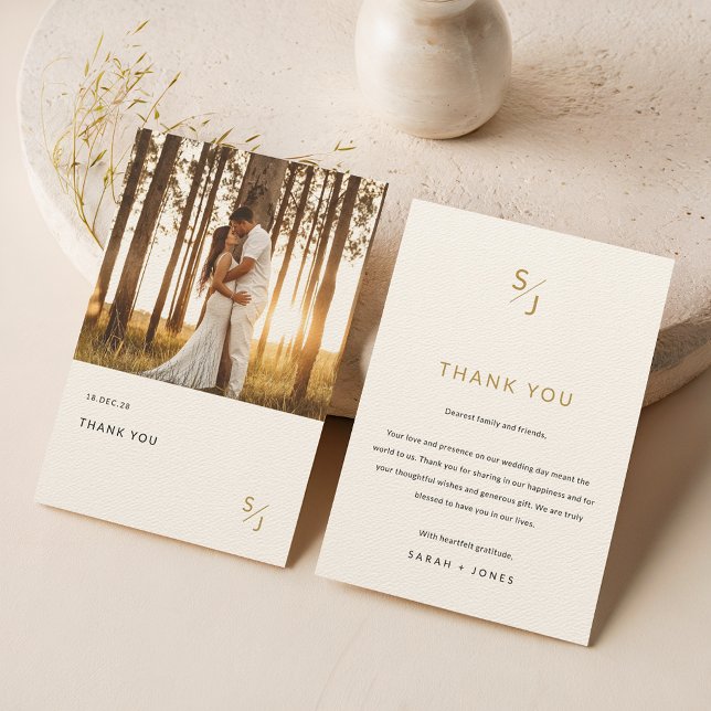 Elegant Gold Typography Photo Wedding Ecru Thank You Card (Creator Uploaded)