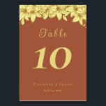 Elegant Gold Typography Terracotta Wedding Table Number<br><div class="desc">Elegant wedding table cards featuring the table number, your names, and your wedding date in beautiful gold typography on a terracotta background. The card prints on the front and back (double-sided). Items are printed exactly as they appear on your screen when you add to the cart, so personalize and add...</div>