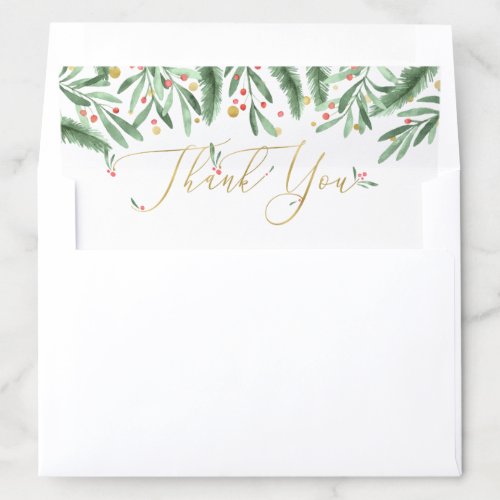 Elegant Gold Typography Winter Greenery Thank You Envelope Liner