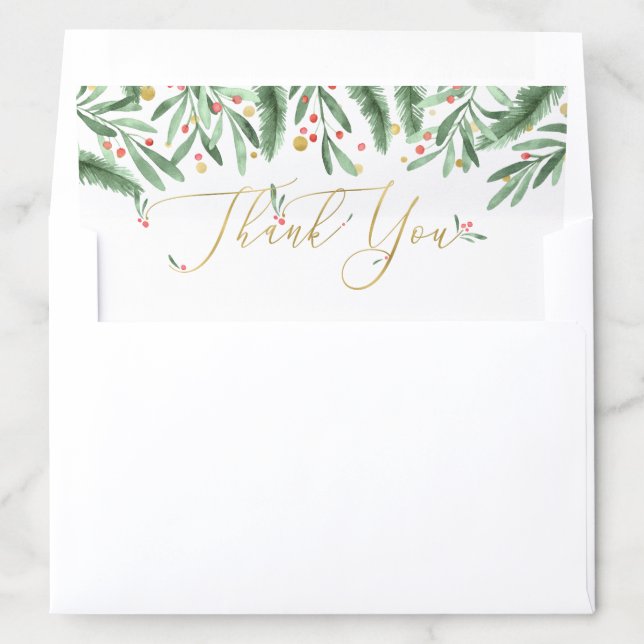 Elegant Gold Typography Winter Greenery Thank You Envelope Liner (In Envelope)