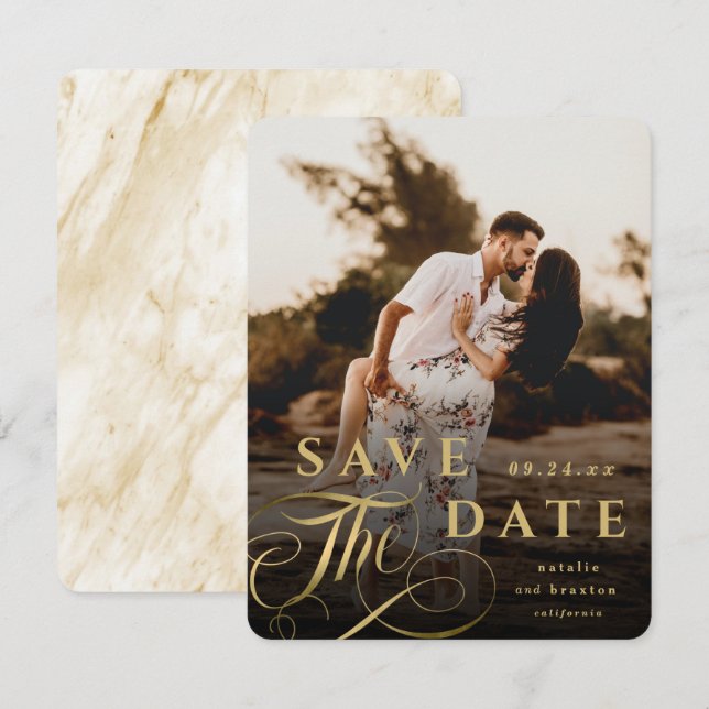 Elegant Gold Typography with Marble Back Photo Save The Date (Front/Back)