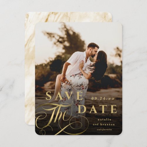 Elegant Gold Typography with Marble Back Photo Save The Date