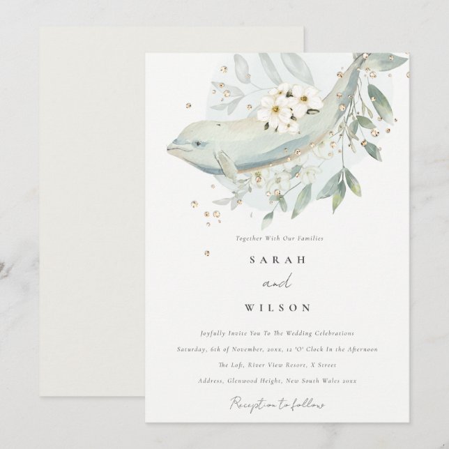 Elegant Gold Underwater Floral Fish Wedding Invite (Front/Back)