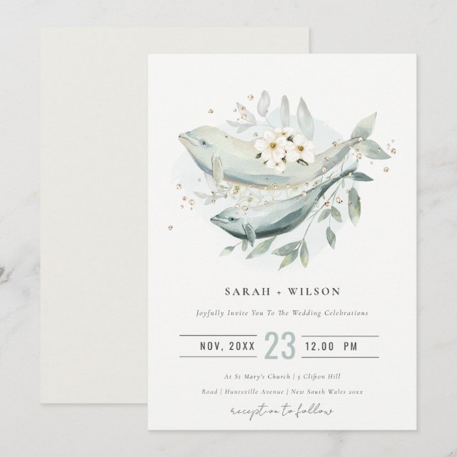 Elegant Gold Underwater Floral Fish Wedding Invite (Front/Back)