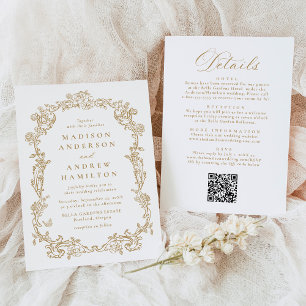 Elegant Gold Victorian Floral All in One Wedding Invitation