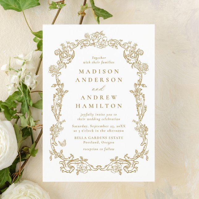 Elegant Gold Victorian Floral Frame Wedding Invitation (Creator Uploaded)