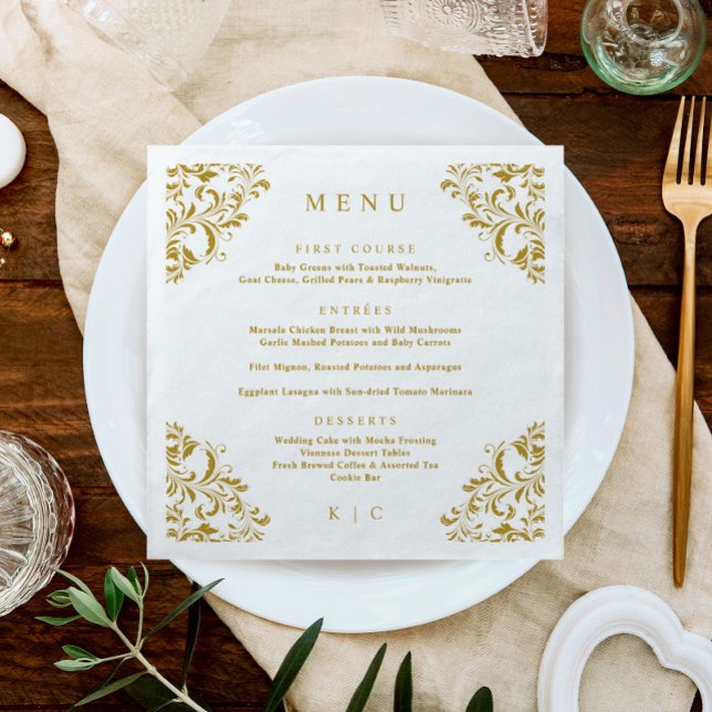 Elegant Gold Vintage Classic Wedding Menu Napkins (Creator Uploaded)