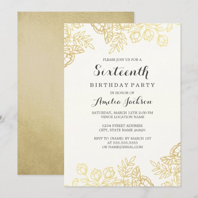 Elegant Gold Vintage Floral 16th Birthday Invitation (Front/Back)
