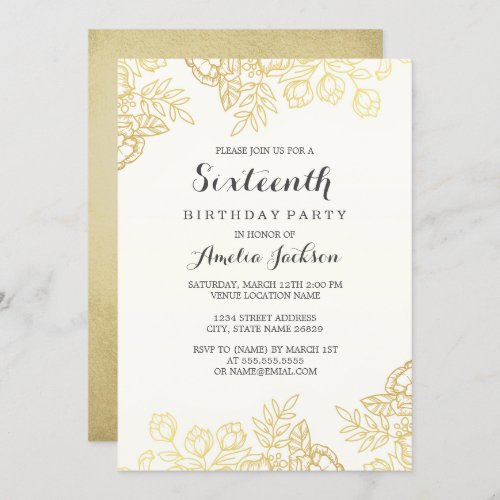 Elegant Gold Vintage Floral 16th Birthday Invitation