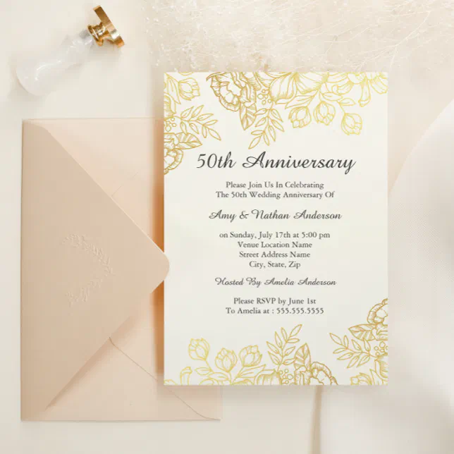 Elegant Gold Vintage Floral 50th Anniversary Invitation | Zazzle