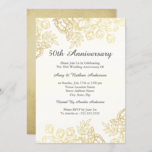 Elegant Gold Vintage Floral 50th Anniversary Invitation