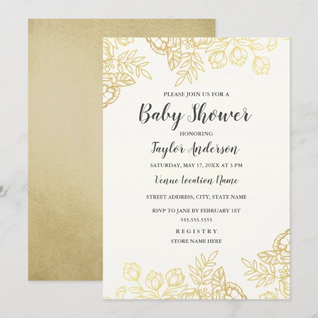 Elegant Gold Vintage Floral Baby Shower Invite (Front/Back)
