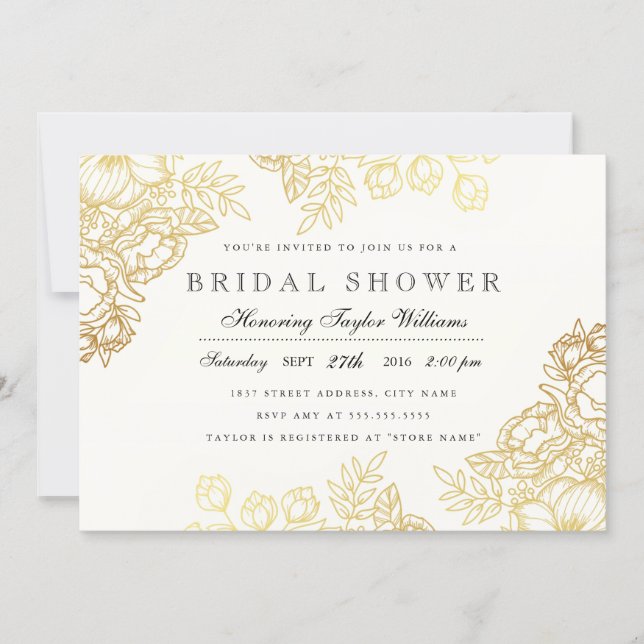 Elegant Gold Vintage Floral Bridal Shower Invite (Front)