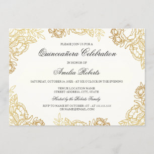 Elegant Gold Vintage Floral Quinceanera Invite