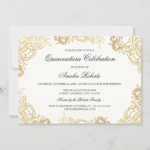 Elegant Gold Vintage Floral Quinceanera Invite