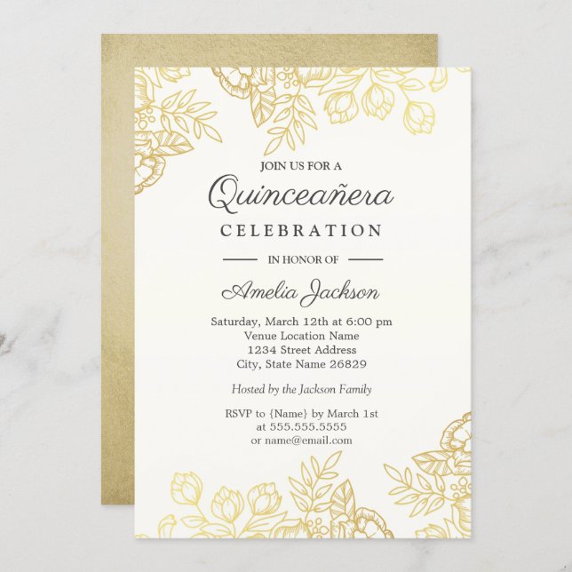 Elegant Gold Vintage Floral Quinceanera Invite (Front/Back)