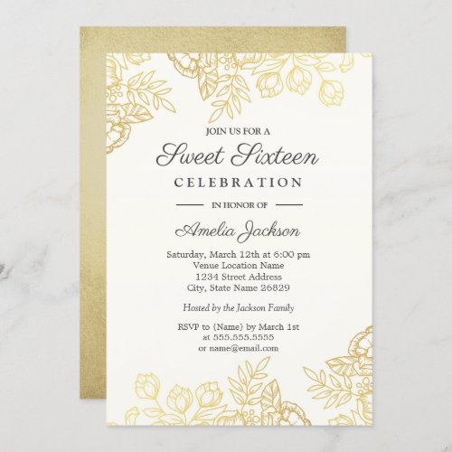 Elegant Gold Vintage Floral Sweet Sixteen Invite