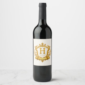 Elegant Gold Vintage Monogram Crest Wedding Wine Label
