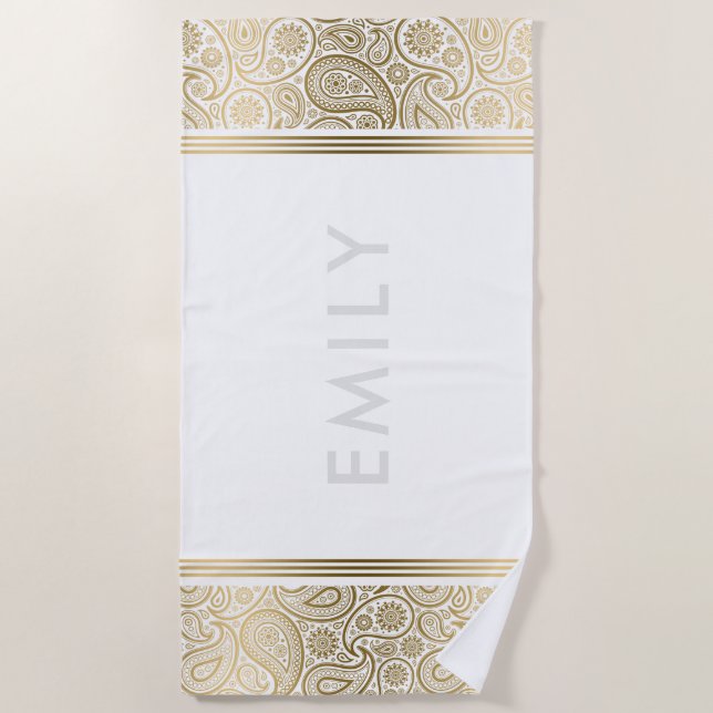 Elegant gold vintage paisley beach towel (Front)
