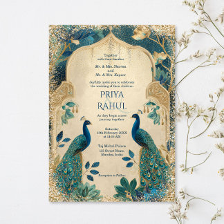 Elegant Gold Vintage Peacocks Indian Wedding Invitation