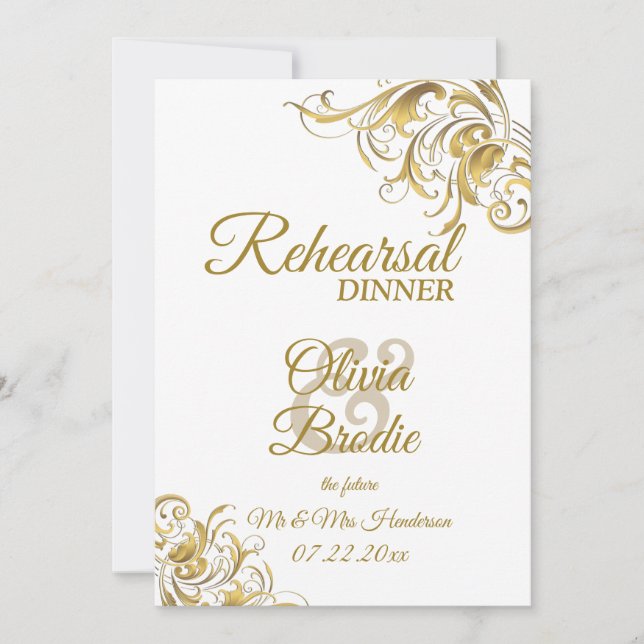 Elegant Gold Vintage Swirls Wedding Rehearsal Din Invitation (Front)