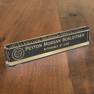 Elegant Gold w Black and Scales of Justice Lawyer Desk Name Plate