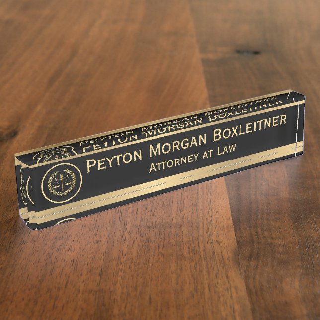 Elegant Gold w Black and Scales of Justice Lawyer Desk Name Plate (Side)