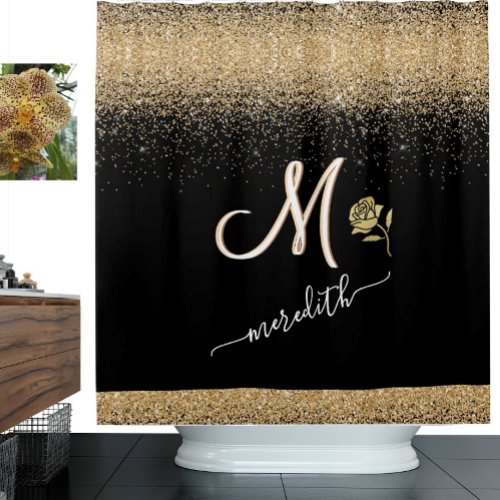 Elegant Gold wBlack Custom Monogram Name Rose Shower Curtain