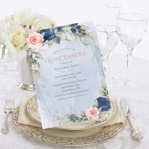 Elegant Gold Watercolor Blue Pink Quinceaera Invitation
