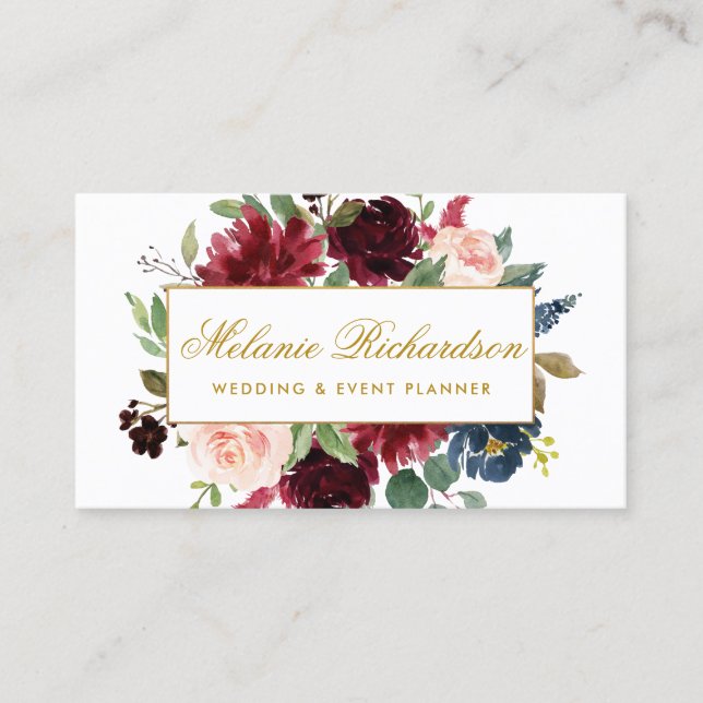 Elegant Gold Watercolor Burgundy Blue Business Card (Front)