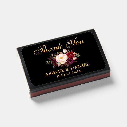 Elegant Gold Watercolor Burgundy Floral Wedding Matchboxes