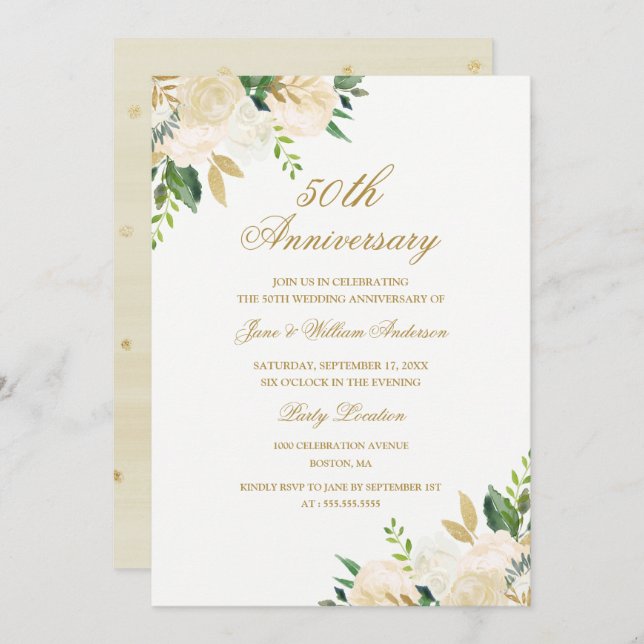 Elegant Gold Watercolor Floral Anniversary Invitation (Front/Back)