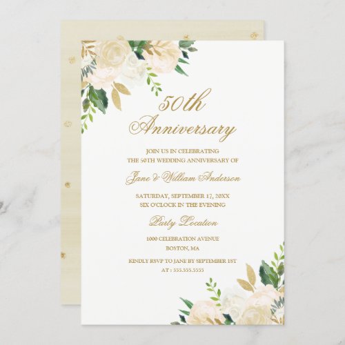 Elegant Gold Watercolor Floral Anniversary Invitation