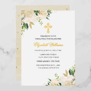 Elegant Gold Watercolor Floral Baptism Foil Invitation