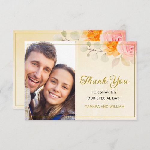 Elegant Gold Watercolor Floral Photo Wedding  Thank You Card