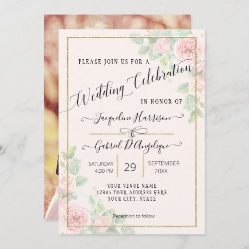 Elegant Gold Watercolor Floral Script Wedding Invi Invitation