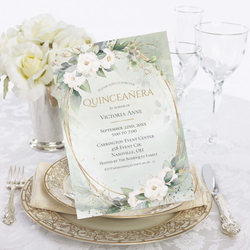 Elegant Gold Watercolor Green Quinceaera Invitation